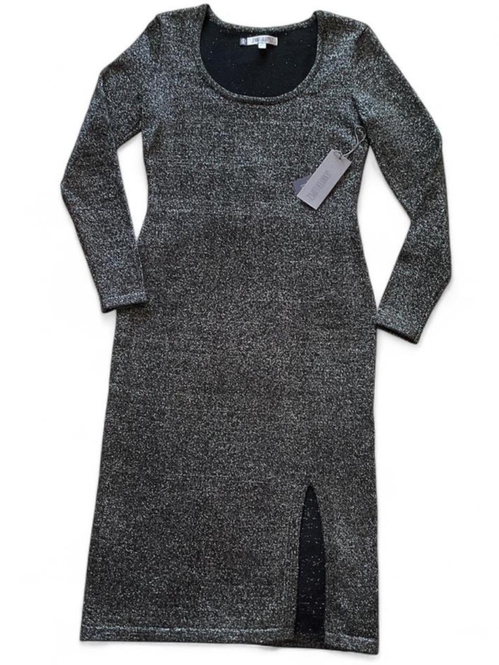 NWT JENNIFER LOPEZ Metallic Silver-Black Long Sleeve Knit Dress with Front Slit
